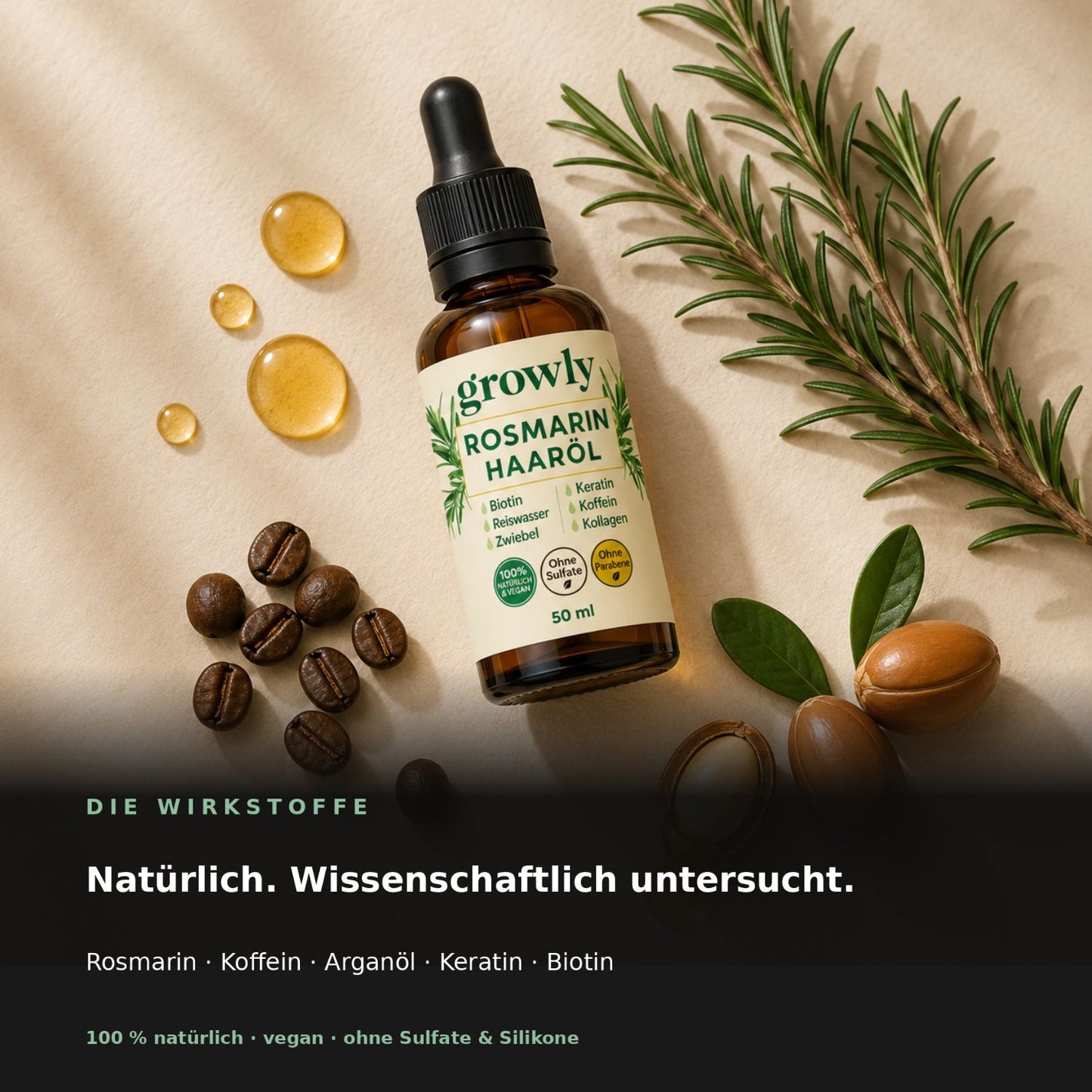Growly Rosmarin Haaröl mit Rosmarin, Koffein, Arganöl, Keratin und Biotin
